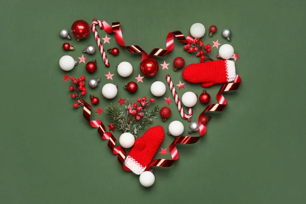 Heart Shape Made Christmas Decor Green Background — Stock Photo, Image