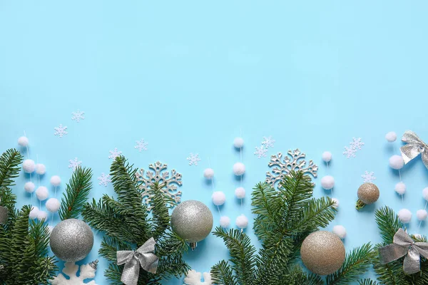 Beautiful Christmas Composition Fir Branches Blue Background — Stock Photo, Image