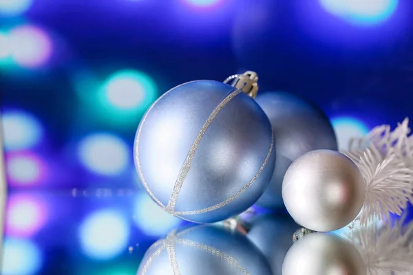 Stylish Christmas Balls Table Blurred Lights — Stockfoto