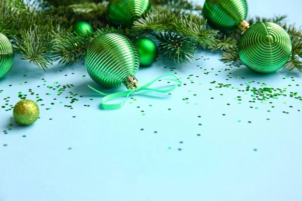Christmas Balls Fir Branches Blue Background — Stockfoto
