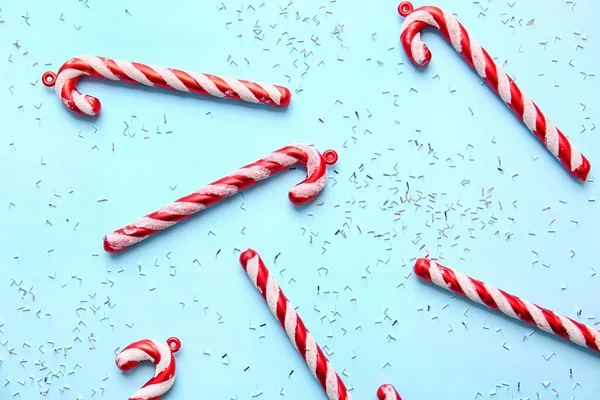 Christmas Toys Shape Candy Canes Blue Background — Stock Photo, Image