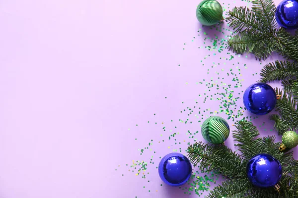 Christmas Balls Fir Branches Purple Background — Stock Photo, Image