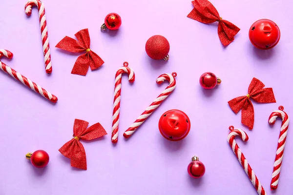 Beautiful Christmas Composition Decor Purple Background — Stock Photo, Image