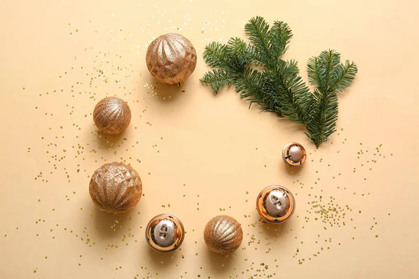 Frame Made Christmas Balls Fir Branches Beige Background — Stock Photo, Image