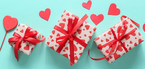 Mooie Geschenken Voor Valentijnsdag Kleur Achtergrond — Stockfoto
