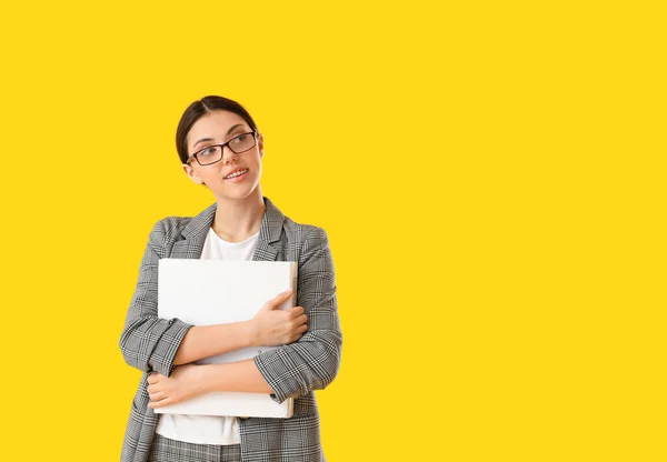 Teenage Girl Eyeglasses White Folder Yellow Background — Stockfoto