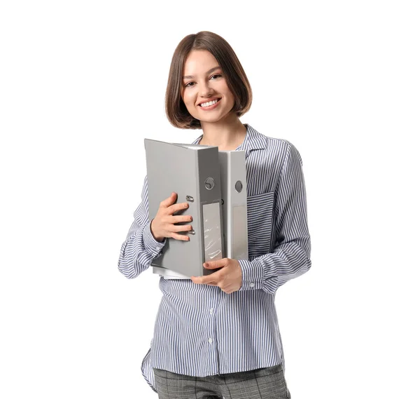 Beautiful Young Woman Folders White Background — Stockfoto