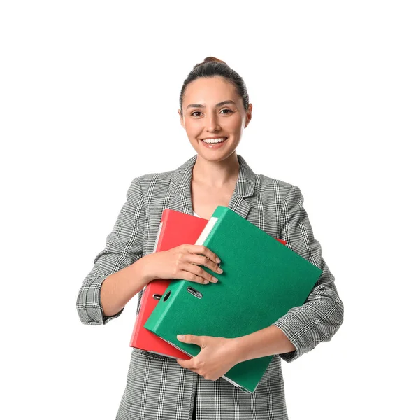 Mooie Jonge Vrouw Met Mappen Witte Achtergrond — Stockfoto