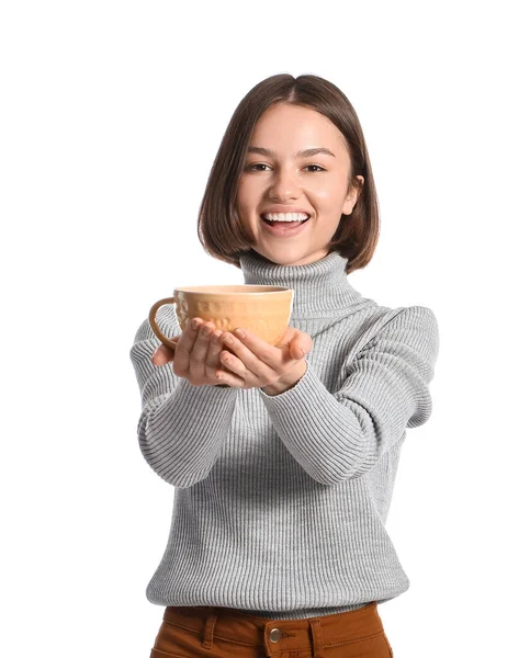 kahve beyaz zemin üzerine ile güzel bir kadın