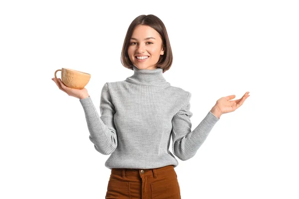 Beautiful Woman Cup Coffee White Background — Stock Photo, Image