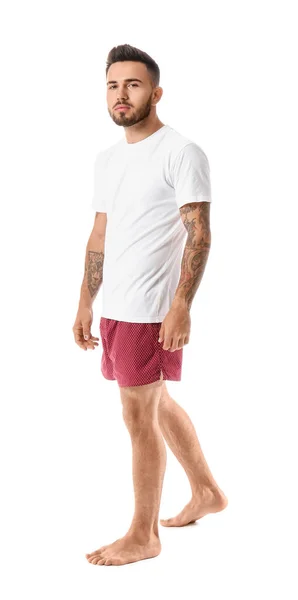 Stilig Ung Man Underkläder Och Shirt Vit Bakgrund — Stockfoto