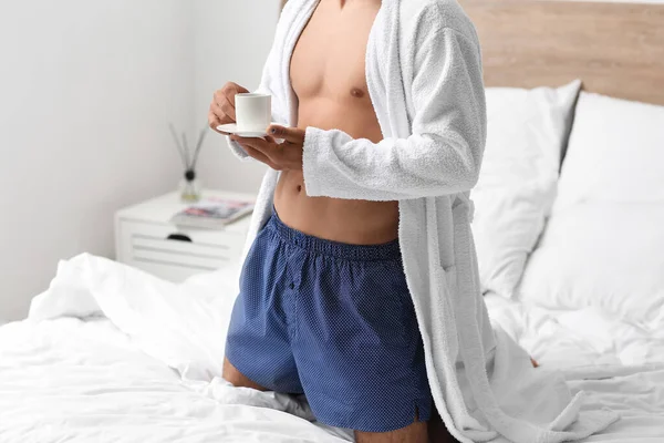 Sexy Young Man Drinking Coffee Bedroom — Stock Photo, Image