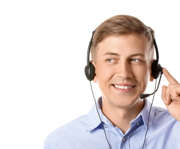 Fiatal Tanácsadó Call Center Headset Fehér Háttér — Stock Fotó