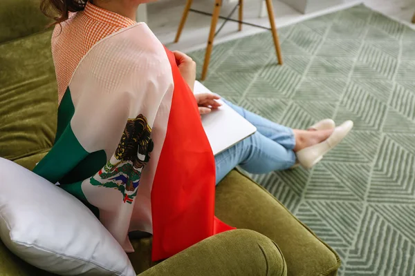 Woman Mexican Flag Sitting Sofa Home — Stock Photo, Image