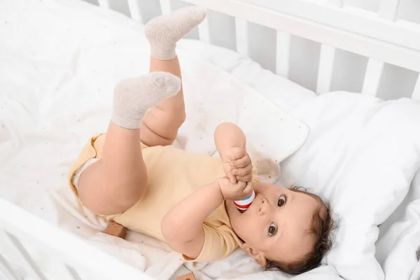 Cute Little Baby Toy Lying Comfy Crib — Stock Photo, Image