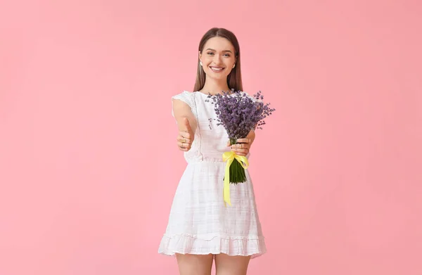 Beautiful Young Woman Bouquet Lavender Showing Thumb Color Background — Stock Photo, Image