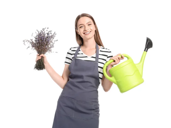 Jardineiro Feminino Com Lavanda Regador Fundo Branco — Fotografia de Stock