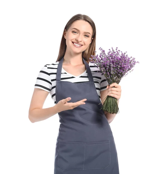 Female Gardener Lavender White Background — Stock Photo, Image