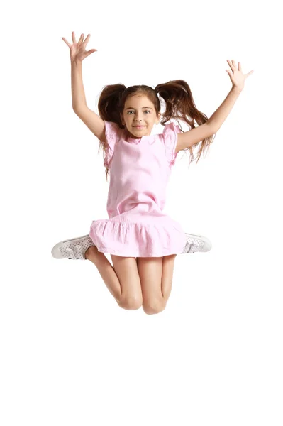 Adorable Little Girl Pink Dress Jumping White Background — Stock Photo, Image