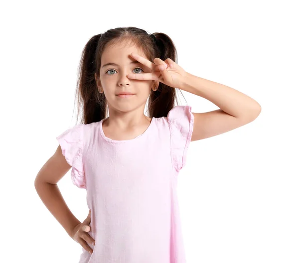 Adorable Little Girl Pink Dress Showing Victory Gesture White Background — Foto Stock