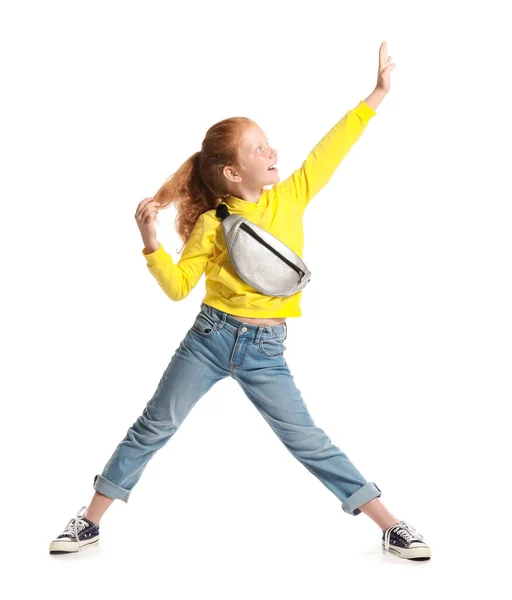 Little Redhead Girl Bum Bag Dancing White Background — Foto Stock