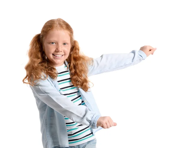 Little Redhead Girl Ponytails Dancing White Background — Stock Photo, Image