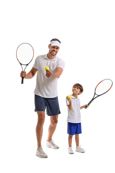 Menino Seu Treinador Com Raquetes Tênis Bolas Fundo Branco — Fotografia de Stock