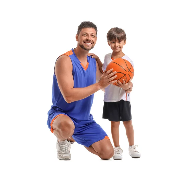 Little Boy Ball His Trainer White Background — Foto Stock