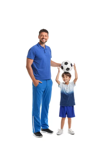 Little Boy Soccer Ball Trainer White Background — Stock Photo, Image