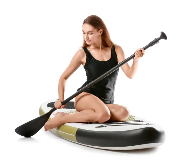 Sporty Young Woman Board Sup Surfing Oar White Background — Stock Photo, Image