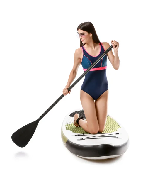 Sporty Young Woman Board Sup Surfing Oar White Background — Stock Photo, Image