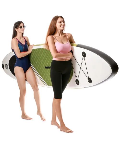 Jovens Desportivas Com Prancha Para Sup Surf Fundo Branco — Fotografia de Stock