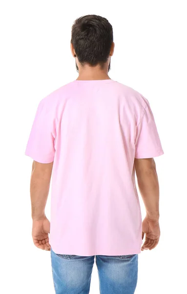Bonito Homem Camiseta Rosa Fundo Branco — Fotografia de Stock