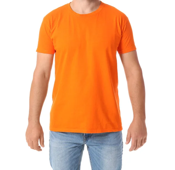 Handsome Man Bright Orange Shirt White Background — Stock Photo, Image