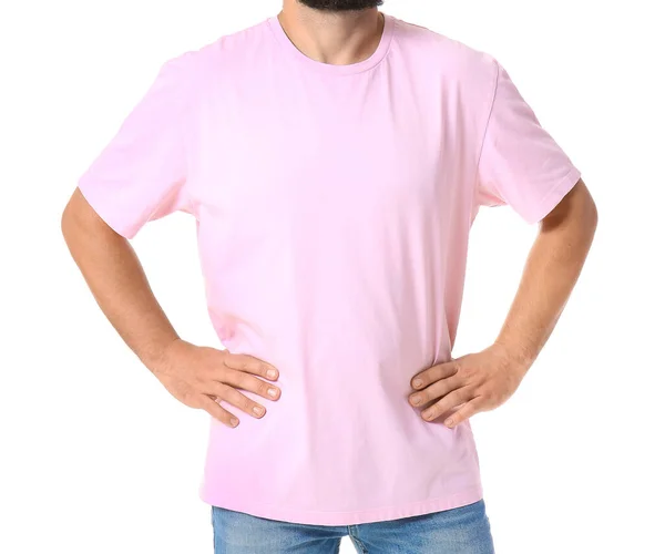Hombre Guapo Camiseta Rosa Sobre Fondo Blanco —  Fotos de Stock