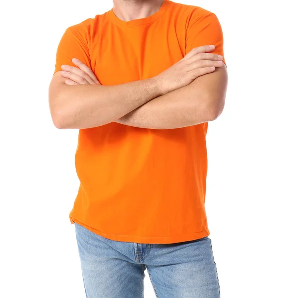 Όμορφος Άνδρας Φωτεινό Πορτοκαλί Shirt Λευκό Φόντο — Φωτογραφία Αρχείου