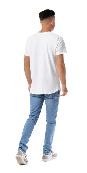 Guapo Joven Elegante Camiseta Aislada Blanco Vista Trasera — Foto de Stock