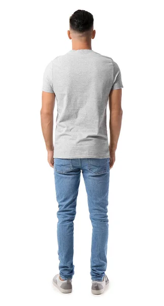 Bonito Jovem Elegante Shirt Isolado Branco Vista Traseira — Fotografia de Stock