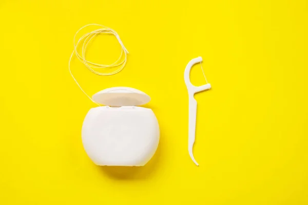 Dental Floss Toothpick Yellow Background — Stock Photo, Image