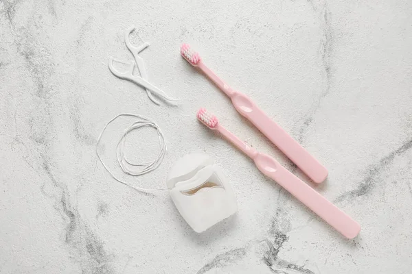Dental Floss Toothpicks Brushes Grunge Background — Stockfoto