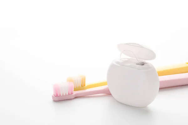Dental Floss Tooth Brushes White Background — Stock Photo, Image