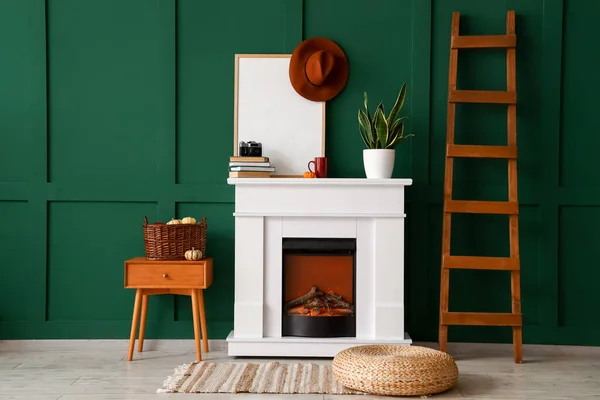 Interior Stylish Room Modern Fireplace Blank Frame Hat — Stock Photo, Image