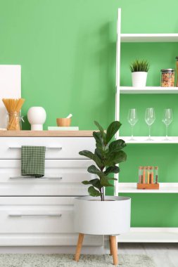 Beyaz tezgahı, raf ünitesi ve yeşil duvarı olan şık bir mutfak.