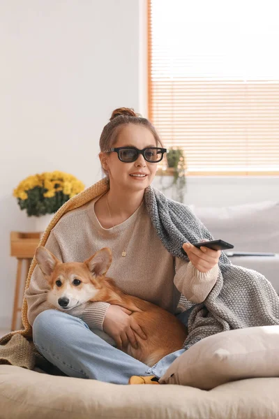 Young Woman Eyeglasses Cute Corgi Dog Watching Home — Stock Photo, Image