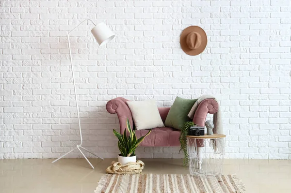 Stylish Comfortable Armchair Houseplants Lamp White Brick Wall Room — Stock Photo, Image