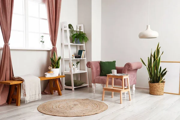 Interior Stylish Room Pink Armchair Shelving Unit Houseplants — Stock Photo, Image