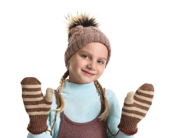 Kleines Mädchen Stilvoller Winterkleidung Auf Weißem Hintergrund — Stockfoto