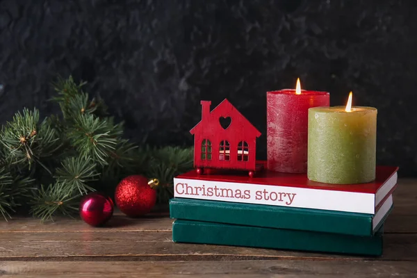 Books Glowing Candles Table Dark Background Christmas Story — Stock Photo, Image