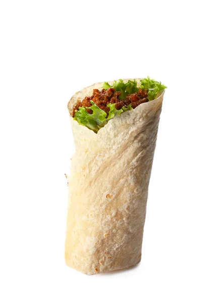 Smakelijke Burrito Witte Achtergrond — Stockfoto