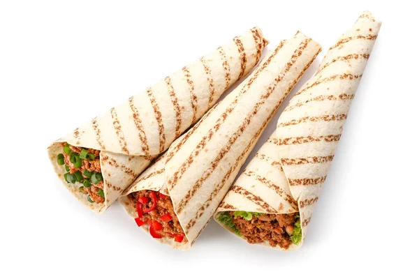 Different Tasty Burritos White Background — Stock Photo, Image